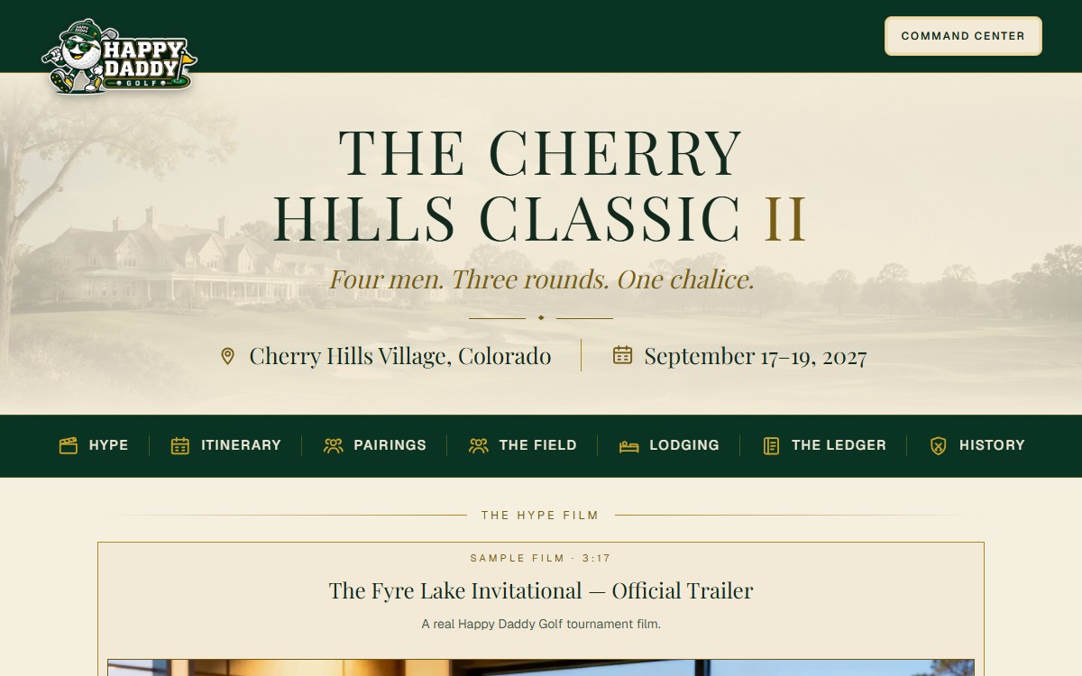 The Cherry Hills Classic sample tournament site — masthead, section navigation, and the title ceremony